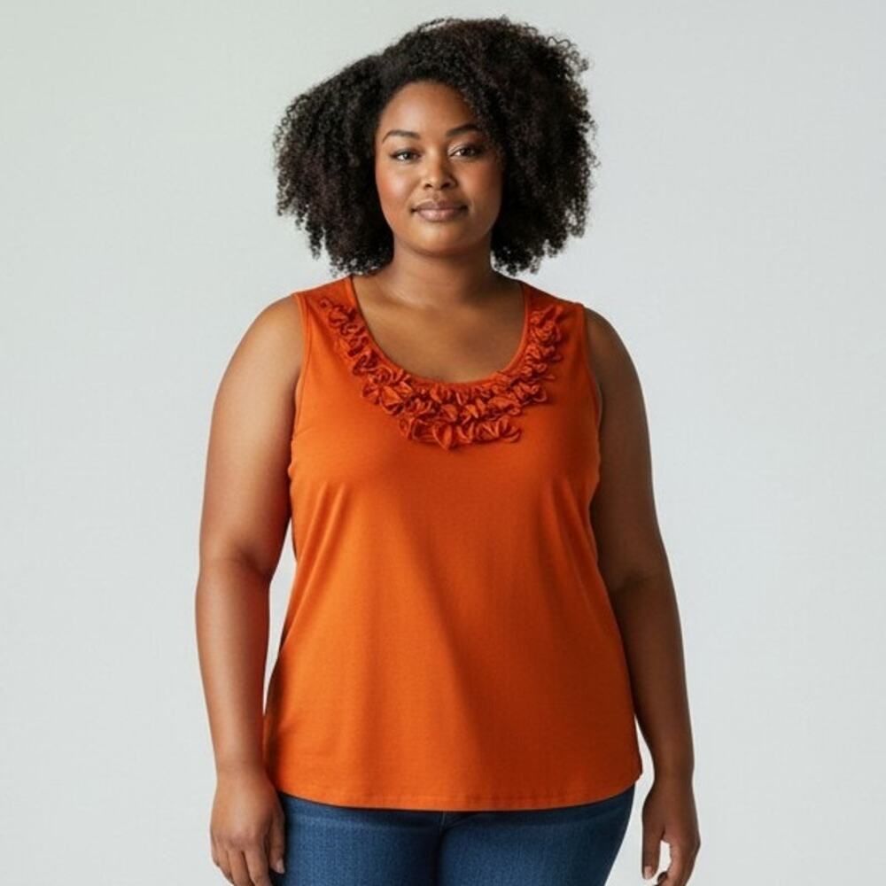 Hampshire Studio Orange Ruffle Sleeveless Top Womens 2X Scoop Neck Cotton Tank